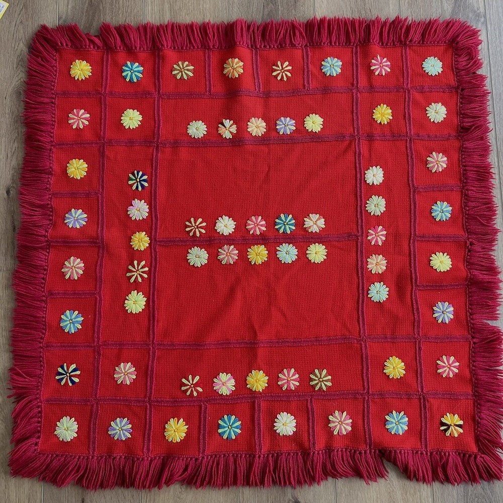 Vtg Red Wool Throw Blanket Hand Stitched Flowers Quilt Folk Art Mexican Fringe